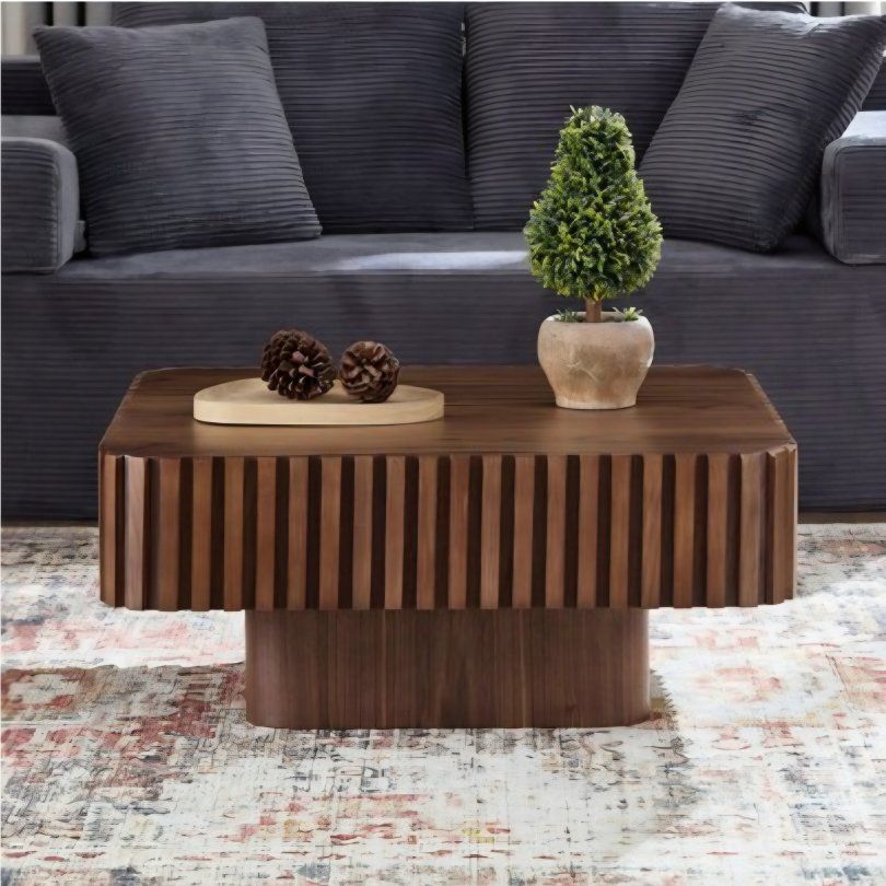 Wooden Square Coffee Table with Fluted Design & 240lb Weight Capacity Walnut Finish
