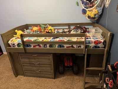 Gray Wooden Loft Bed with Built-in Drawers and Bookshelf