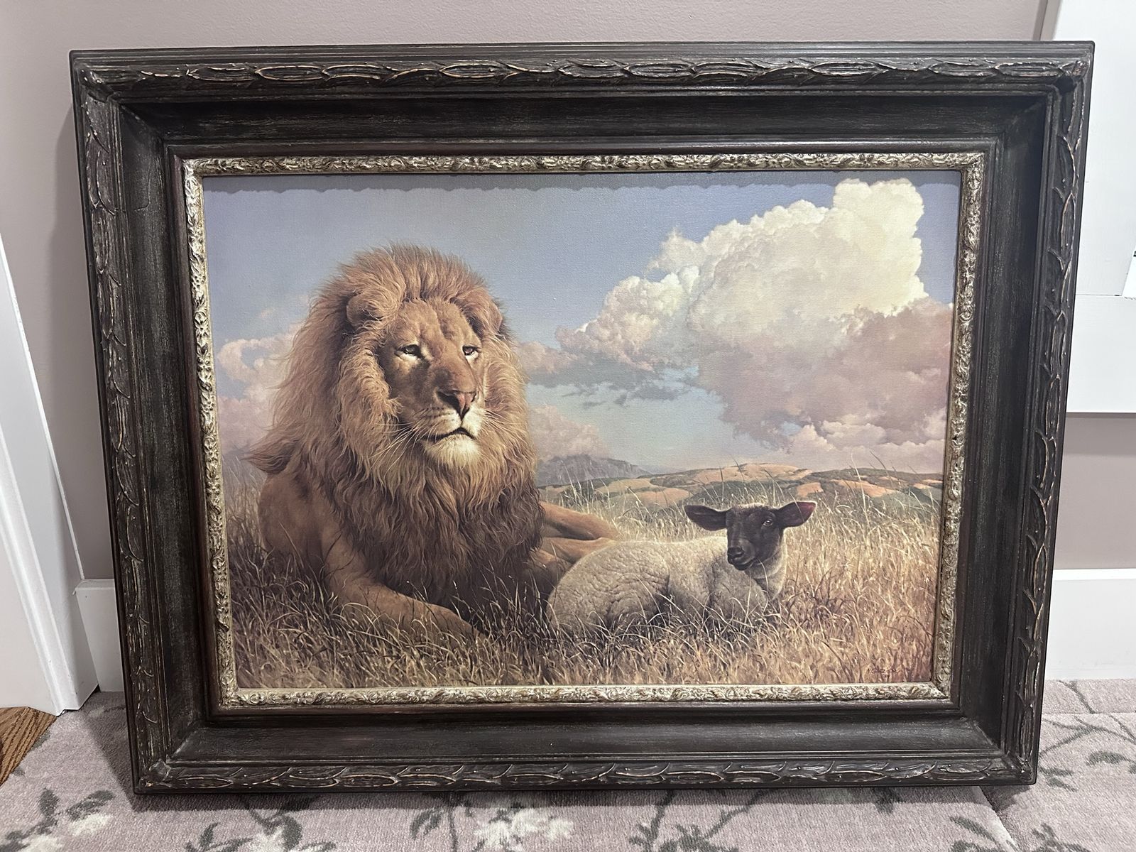Vintage N. Glazier Lion & Lamb Framed Canvas Print