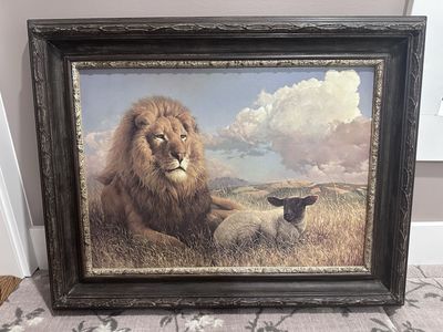 Vintage N. Glazier Lion & Lamb Framed Canvas Print