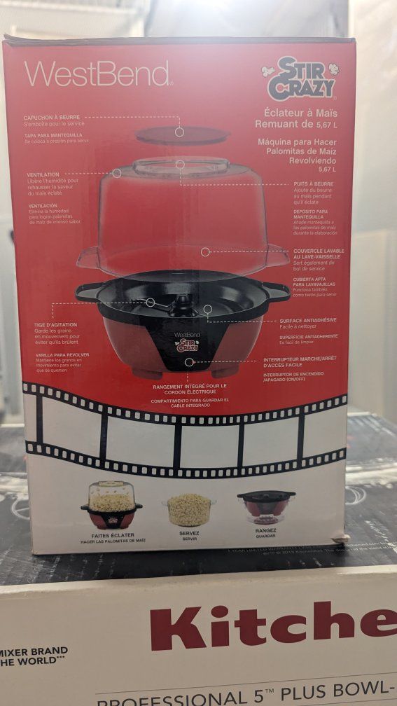 West Bend Stir Crazy 5.67L Electric Popcorn Maker - Vintage Red with Non-Stick Surface