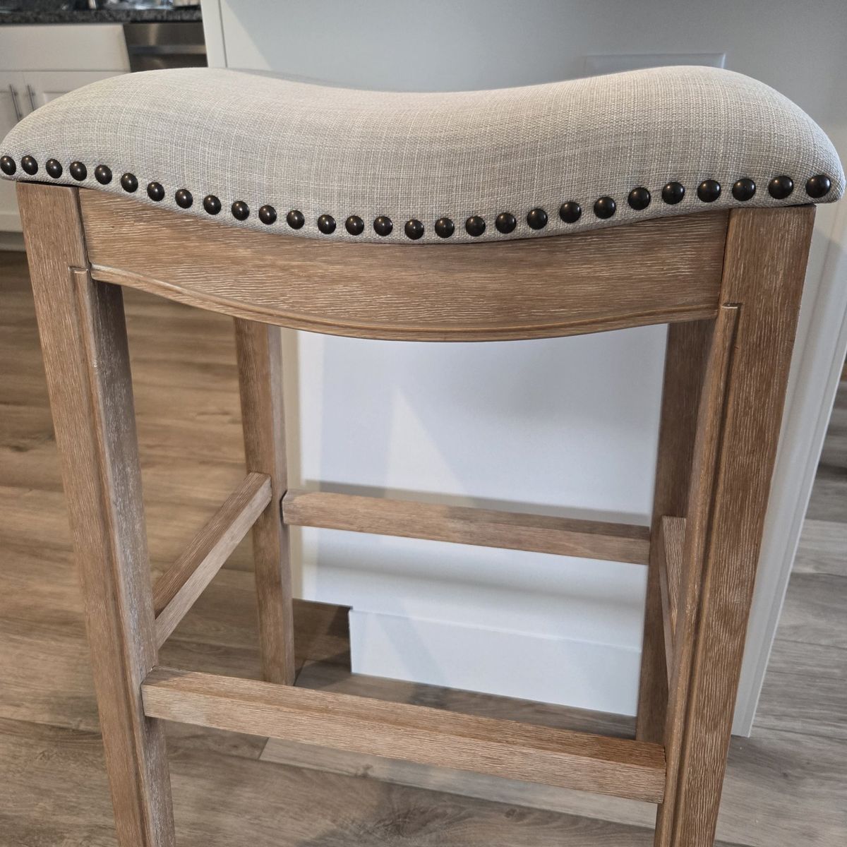 Set of 3 Maven Lane ND70 Light Gray Upholstered Saddle Bar Stool with Nailhead Trim, Wood Frame.