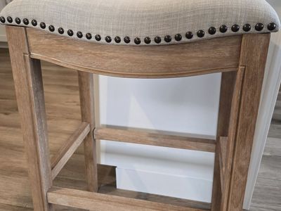 Set of 3 Maven Lane ND70 Light Gray Upholstered Saddle Bar Stool with Nailhead Trim, Wood Frame.