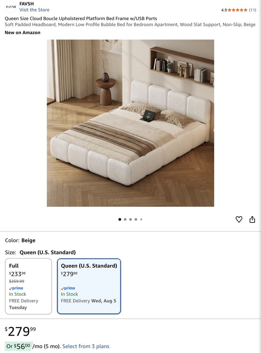 Queen sized upholster covered boucle bed.. New in box!!!