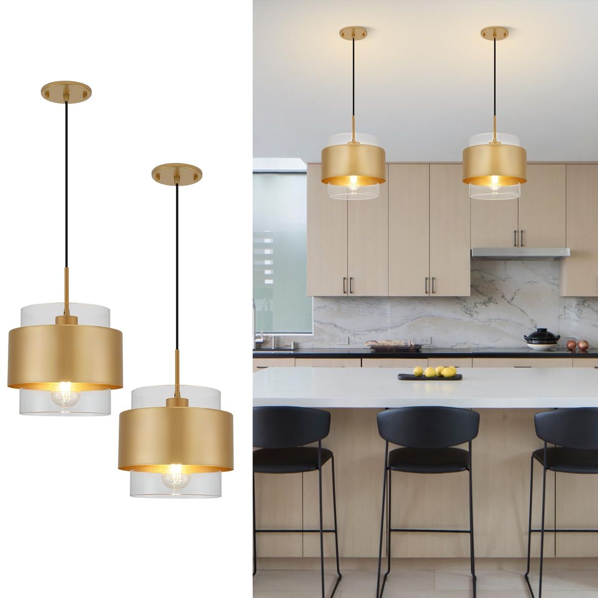 9.8" Modern Pendant Lights Kitchen Island 2 Pack - Gold & Glass