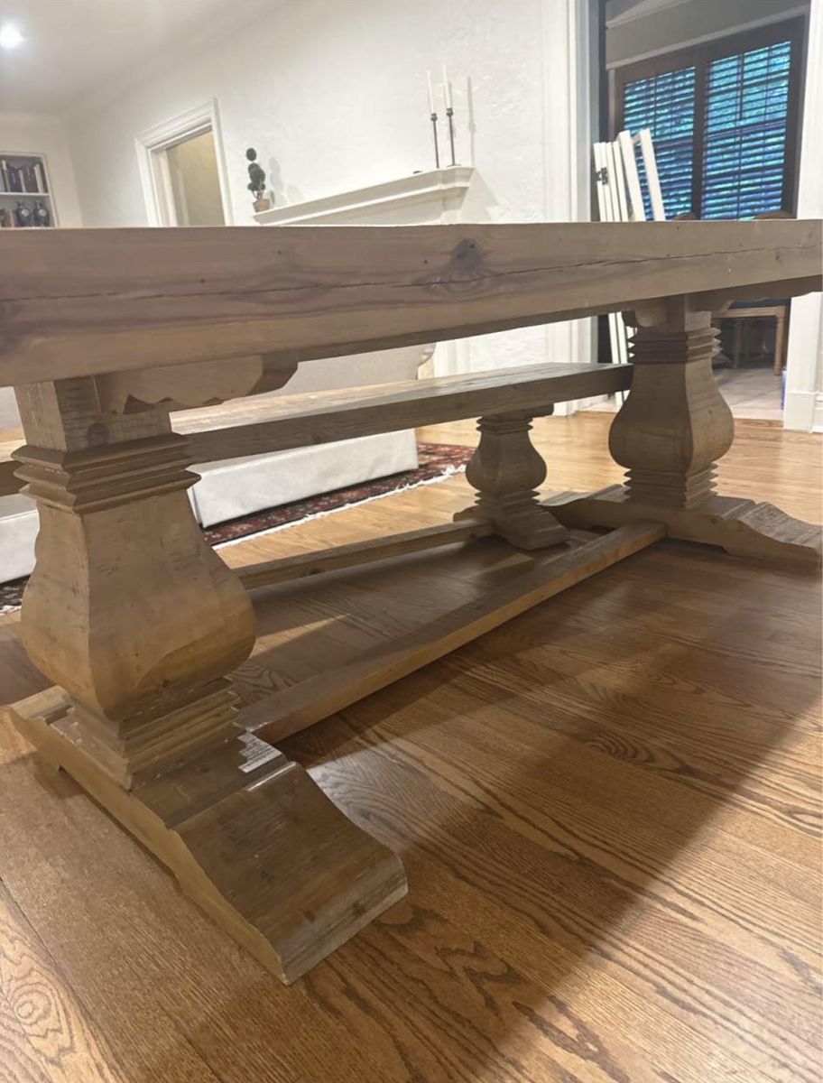 Rustic Wooden Trestle Dining Table with Baluster Pedestal Legs