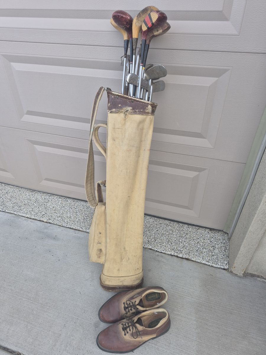 Vintage golf bag, clubs and shoes