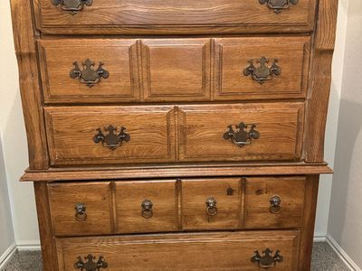 Vintage Solid Oak Highboy Dresser – 5 Drawer Antique Style