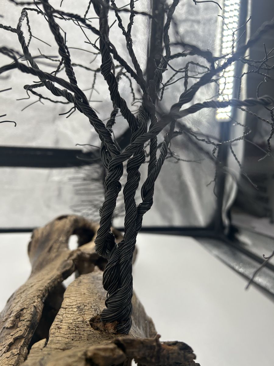 Handmade Black Wire Tree Sculpture on Driftwood Base - Unique Artistic Decor