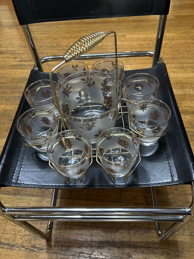 Vintage MCM Golden Foliage Drinkware Set/Caddy