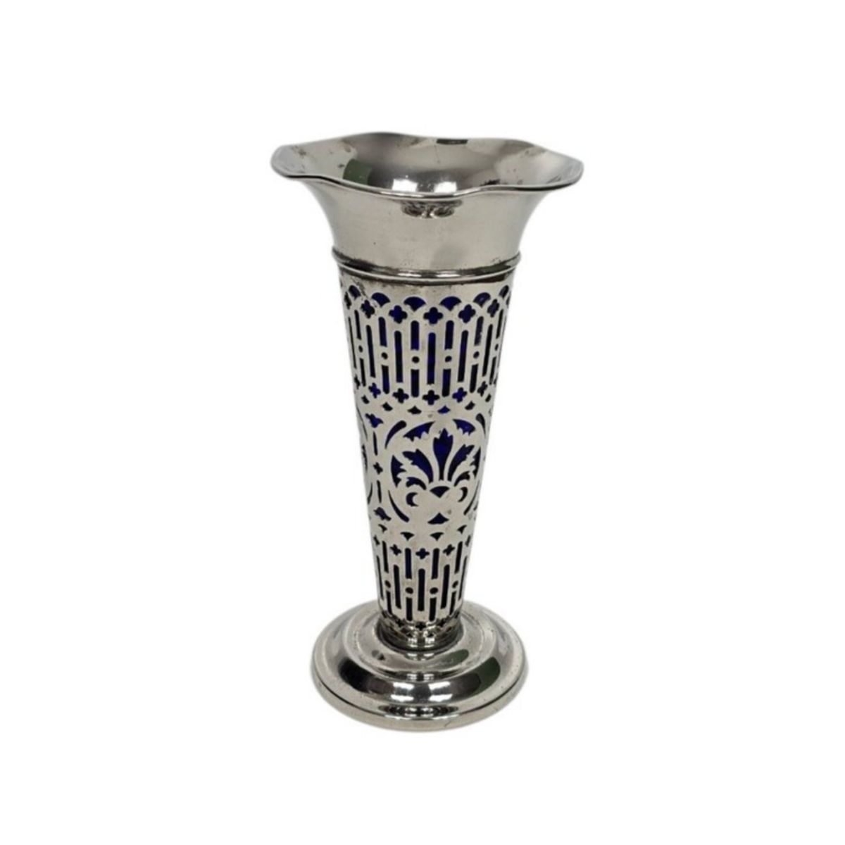 Vintage Godinger Silverplate Vase With Cobalt Blue Glass Liner Pierced Overlay