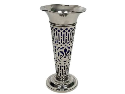 Vintage Godinger Silverplate Vase With Cobalt Blue Glass Liner Pierced Overlay
