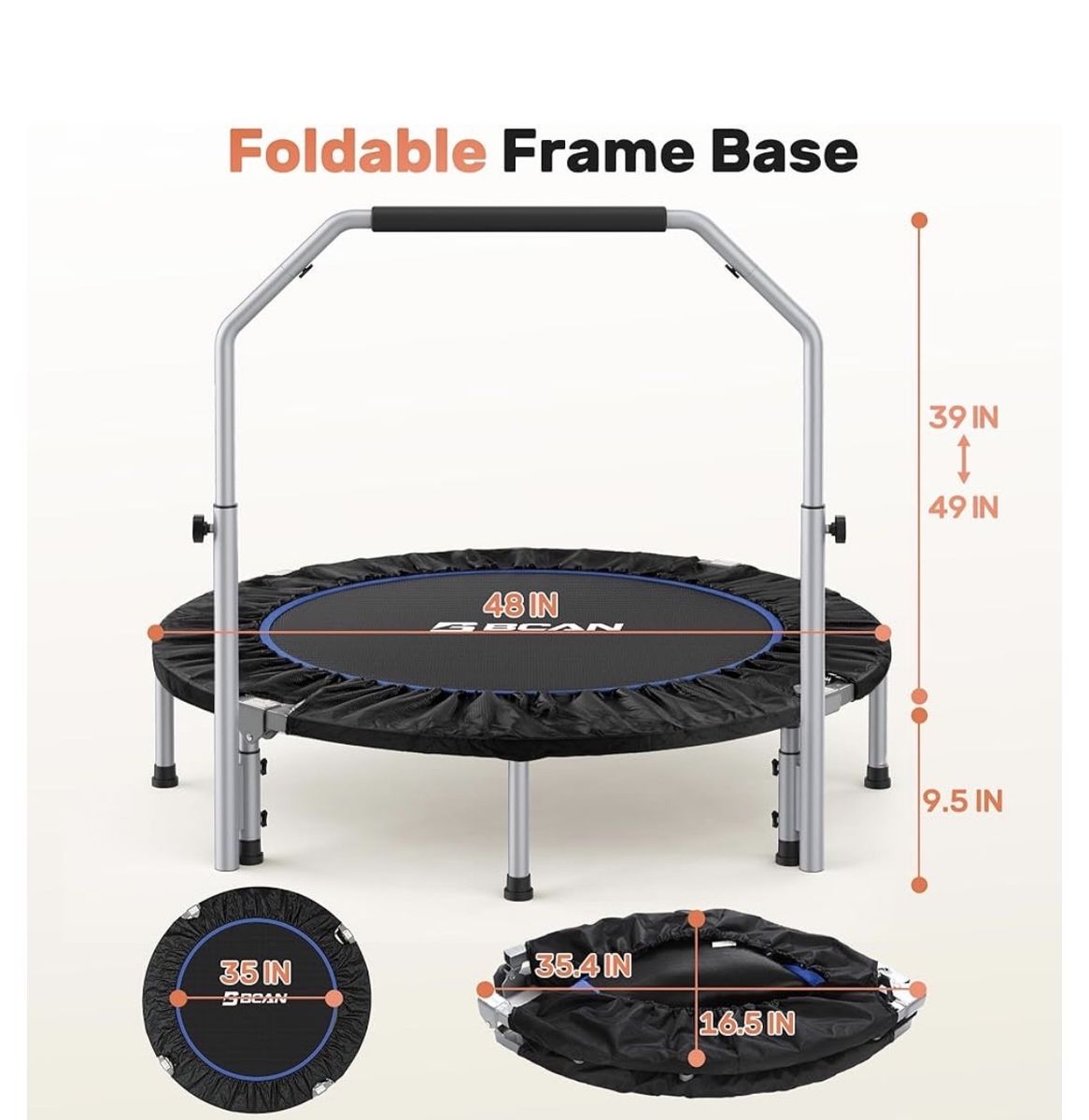Fitness Trampoline, 48” BCAN SP2 Foldable Mini Trampoline With Handle