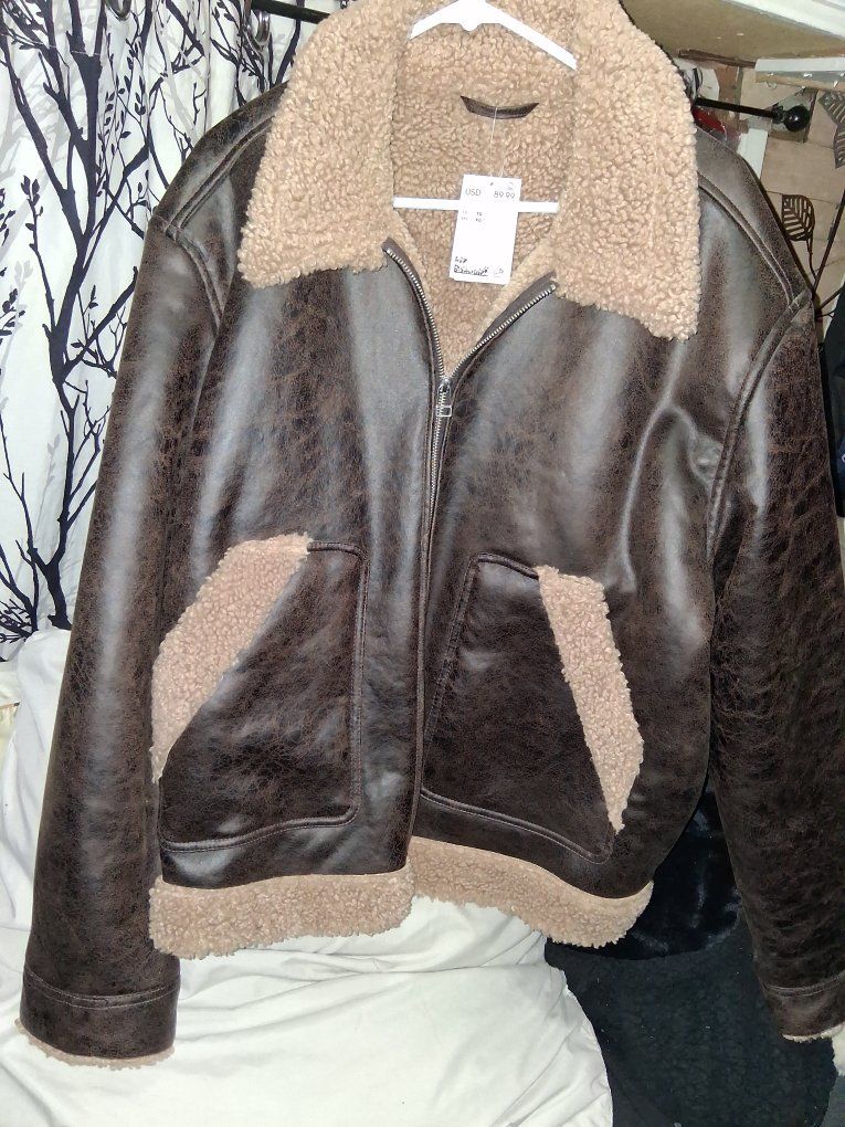 H&M Dark Brown Faux Leather Bomber Jacket with Sherpa Lining, Men's XL