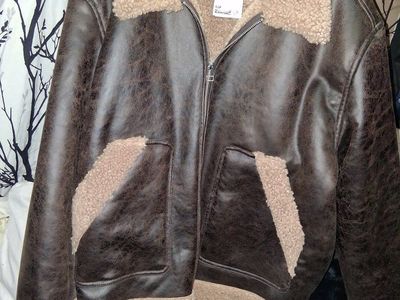 H&M Dark Brown Faux Leather Bomber Jacket with Sherpa Lining, Men's XL