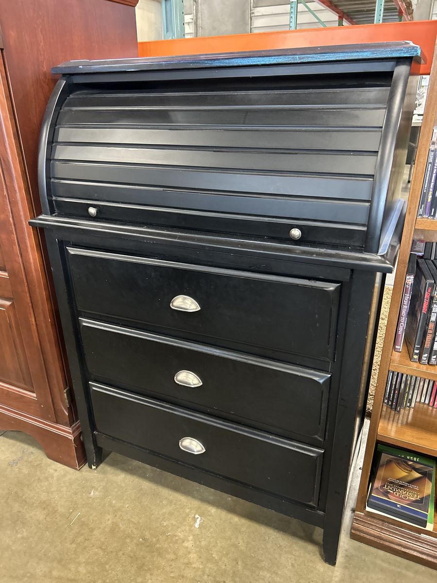 Black Wooden Roll-Top Desk with 3 Drawers and Organizer Compartments