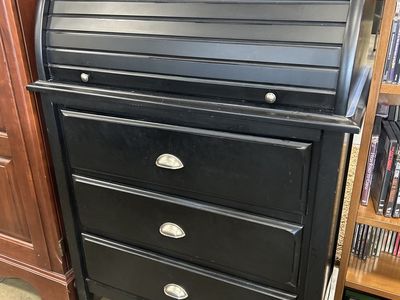 Black Wooden Roll-Top Desk with 3 Drawers and Organizer Compartments