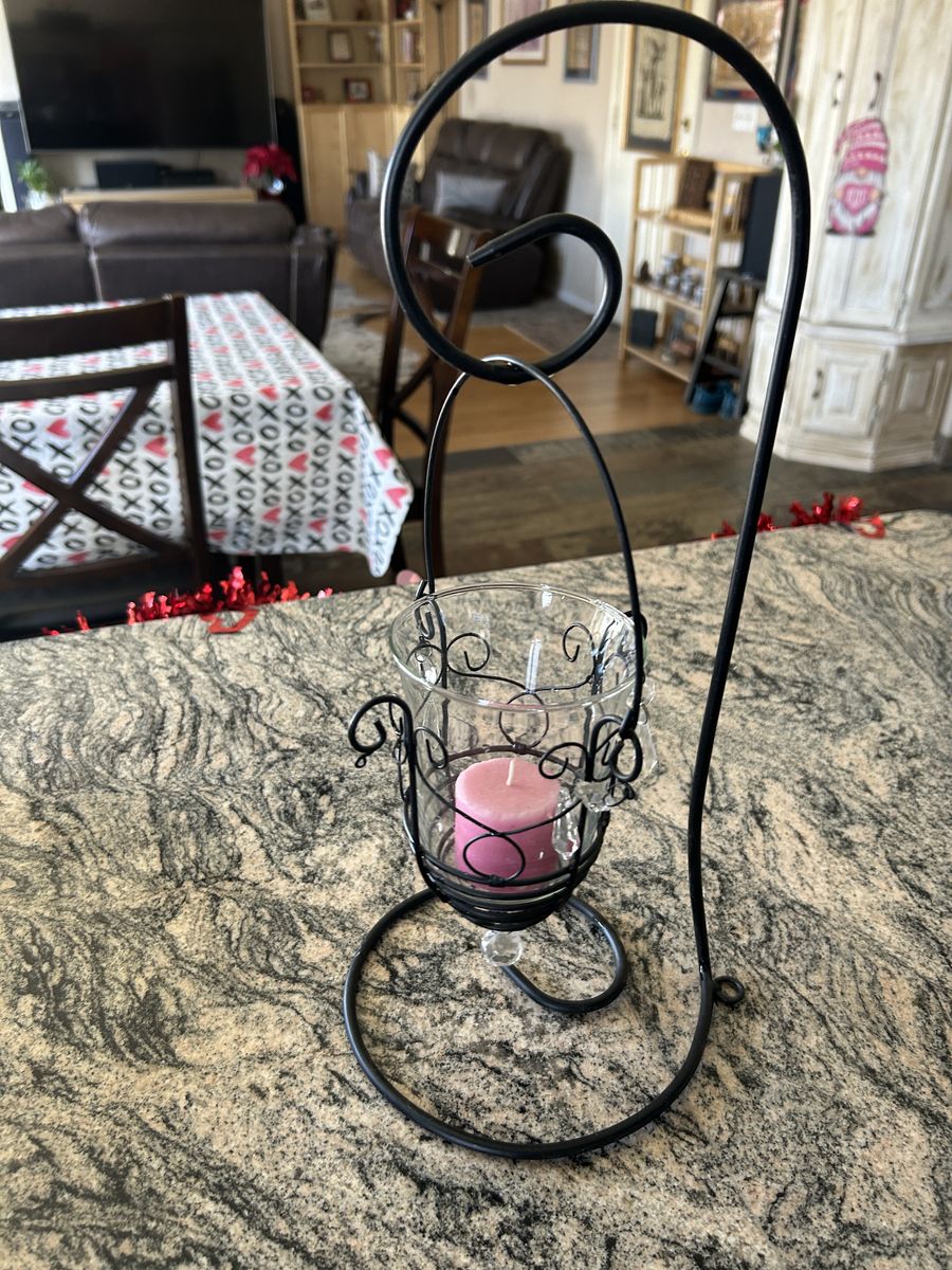 Decorative Black Metal Scroll Candle Holder w/ Glass Votive