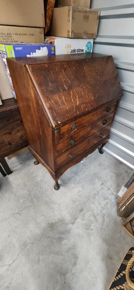 Antique Oak Secretary Desk with Drawers and Organizers - Vintage Wood Furniture