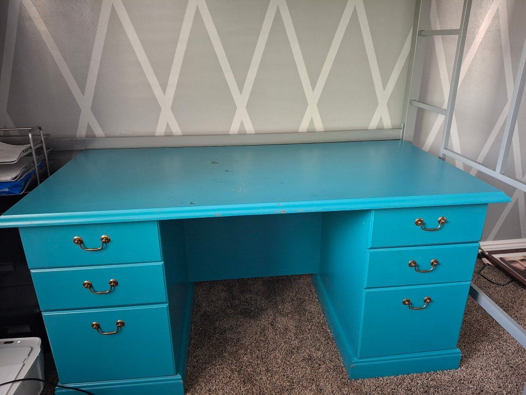Vintage Solid Wood Executive Desk - Teal Blue, 4 Drawer with Brass Hardware