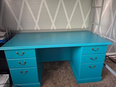 Vintage Solid Wood Executive Desk - Teal Blue, 4 Drawer with Brass Hardware