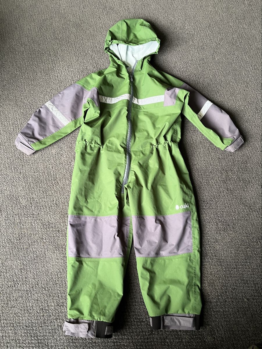 Oaki Kids Rain Suit, Green/Gray, Size 8/9, Waterproof One-Piece Rain & Mud Play Suit