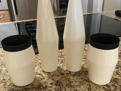 4 Decorative Cream and Black Metal Vases or Decor.