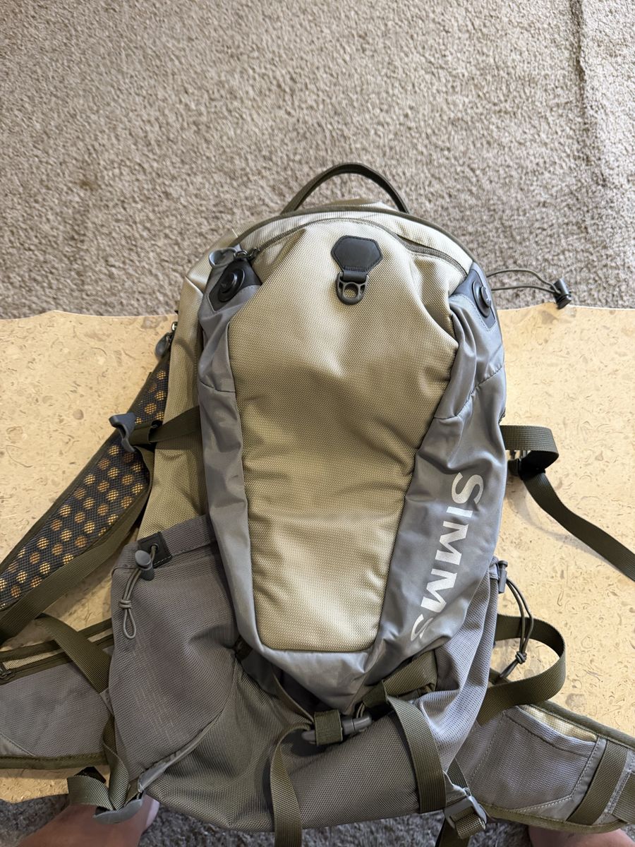 SIMMS Fishing Backpack - Tan/Gray with Padded Straps & Vented Back - Excellent Condition