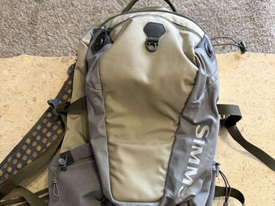 SIMMS Fishing Backpack - Tan/Gray with Padded Straps & Vented Back - Excellent Condition