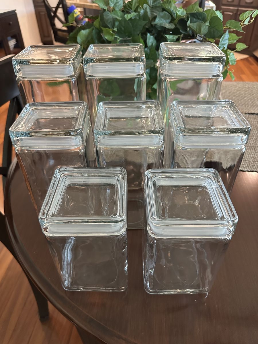 New Vintage Anchor Hocking Heavy Clear Glass Airtight Square Storage Stackable Jar  8 Available.