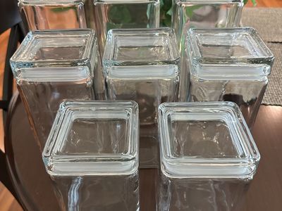 New Vintage Anchor Hocking Heavy Clear Glass Airtight Square Storage Stackable Jar 8 Available.