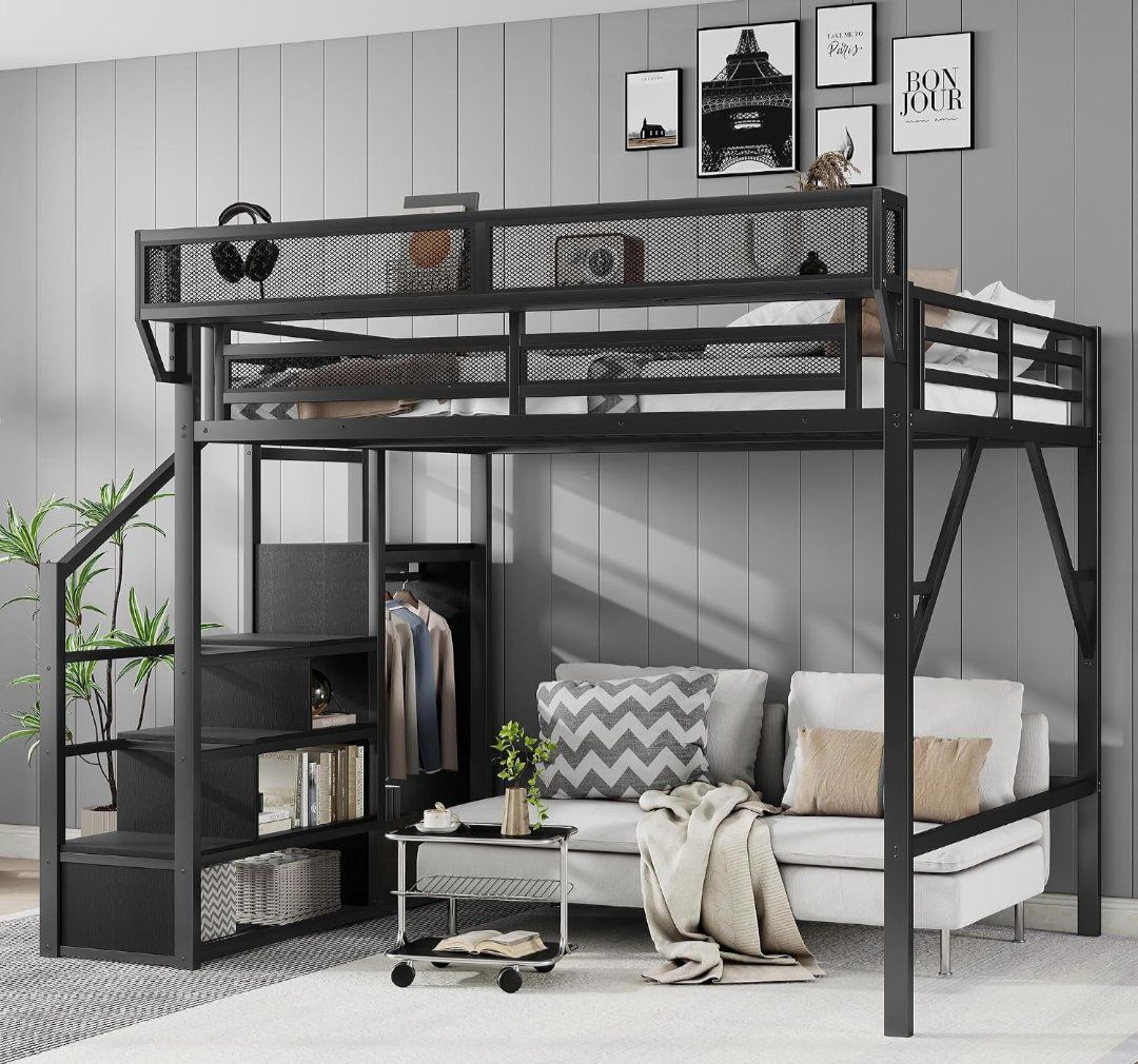 Metal Loft Bed with Integrated Staircase Storage and Shelves