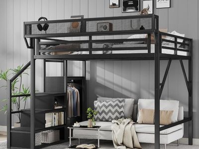 Metal Loft Bed with Integrated Staircase Storage and Shelves