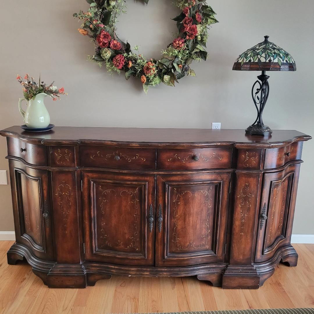 FREE - FREE - Ornate Dark Wood Buffet Sideboard Server with Carved Floral Details & Cabinet Storage