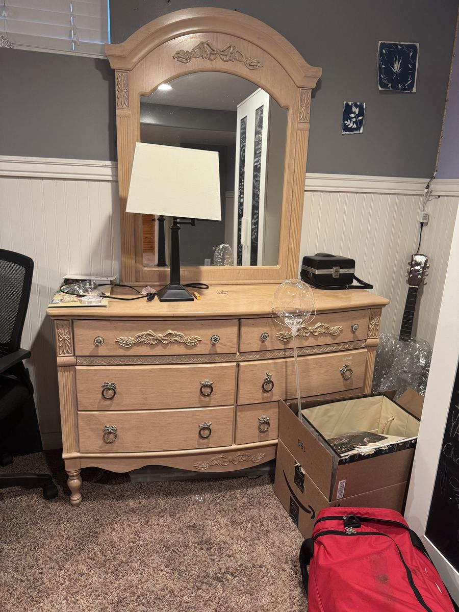 Light Oak Finish 6-Drawer Dresser with Mirror and Matching Writing Desk Set