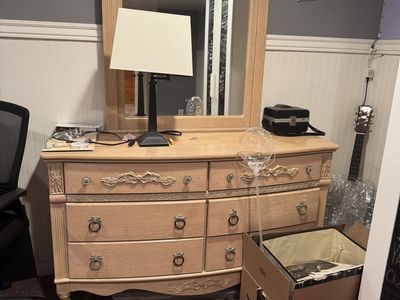 Light Oak Finish 6-Drawer Dresser with Mirror and Matching Writing Desk Set