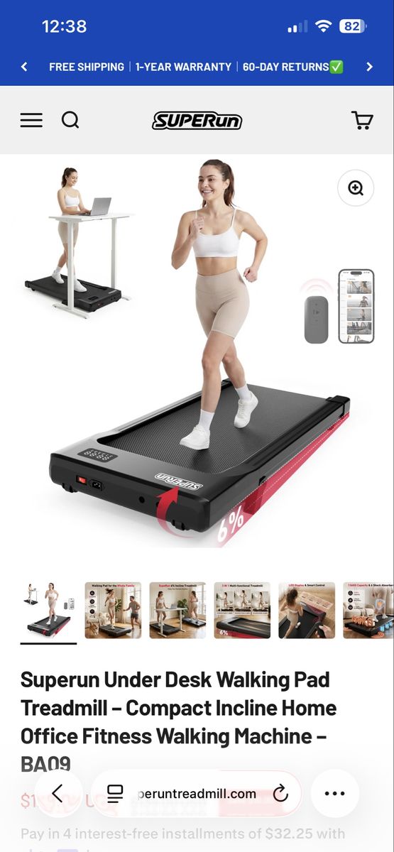 SUPERun BA09 Under Desk Walking Pad Treadmill - Compact Incline Home Office Fitness Walking Machine