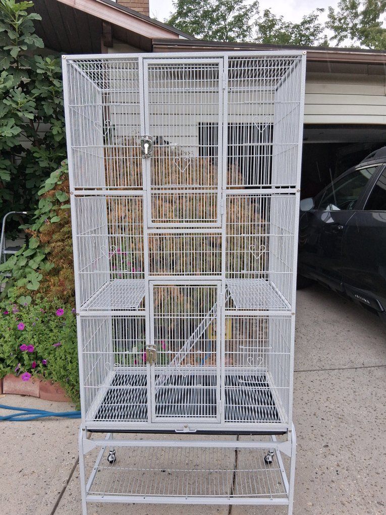 Yaheetech Large White Metal Bird Cage with Rolling Stand and Shelves