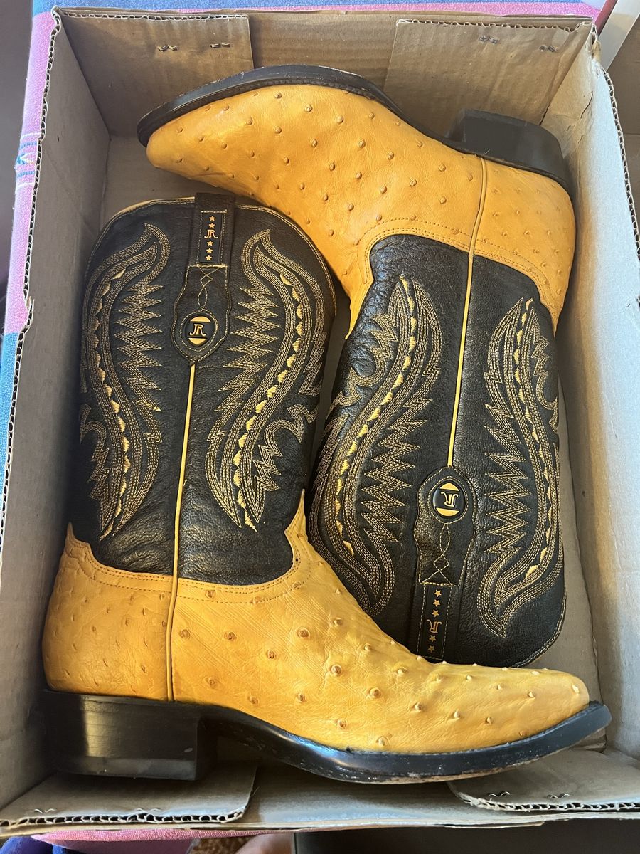 JR Western Cowboy Boots Yellow Black Leather Ostrich Print Size 8.5 belt size 42