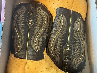 JR Western Cowboy Boots Yellow Black Leather Ostrich Print Size 8.5 belt size 42