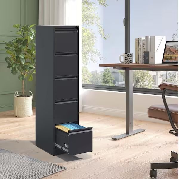 Black 5‑Drawer Metal File Cabinet with Lock • Brand New