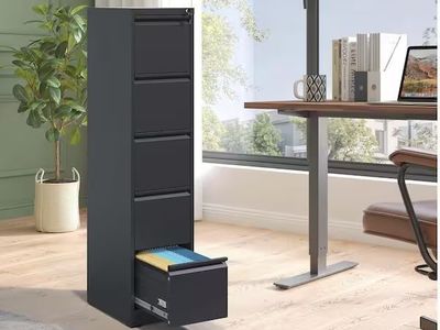 Black 5‑Drawer Metal File Cabinet with Lock • Brand New