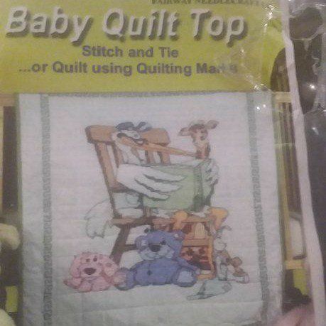 "Stork"  Fairway Needlecrafts Baby Quilt Top Stamped Polycotton Panel 36x50" for Stitch & Tie or quilt
