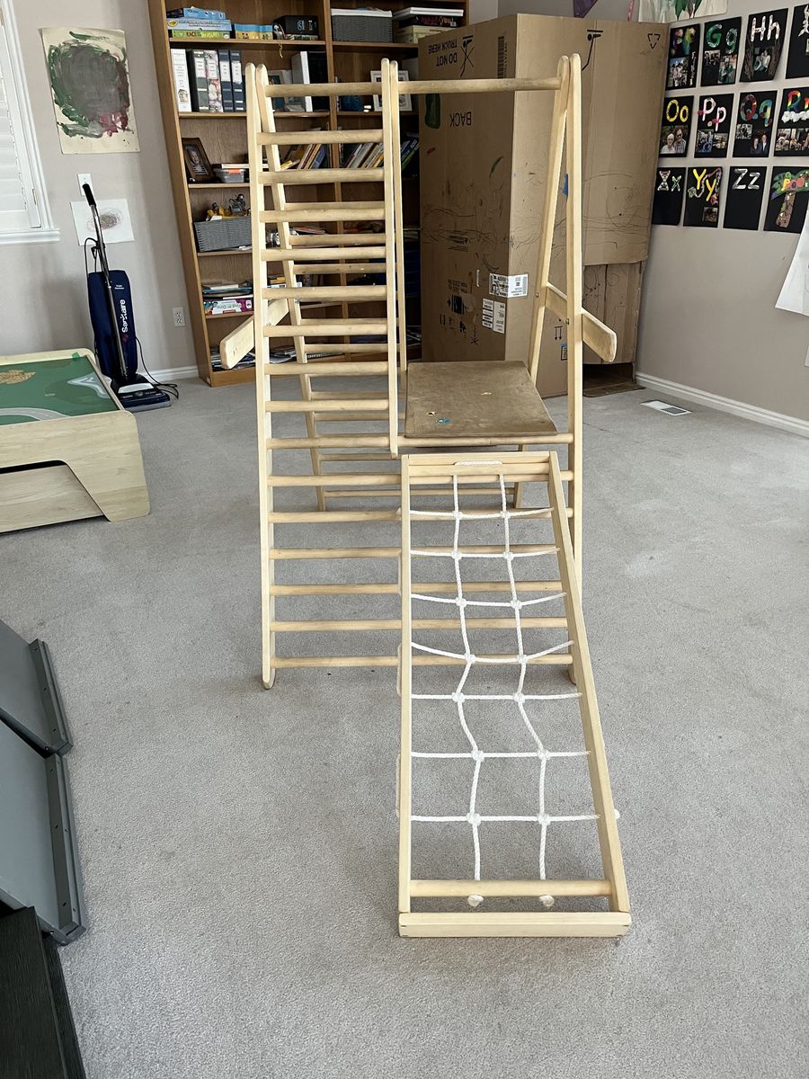Wooden Montessori Pikler Triangle Climbing Set with Ladder, Slide, and Rope Climber - Toddler Play Gym