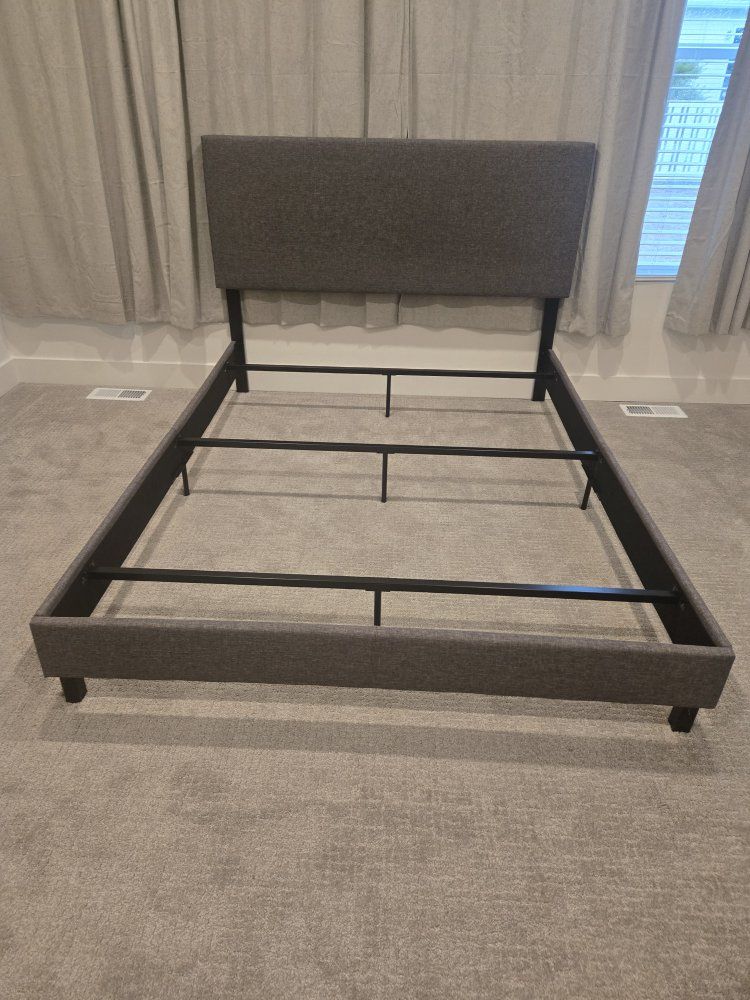 Modern Grey Upholstered Bed Frame with Comfortable Mattress