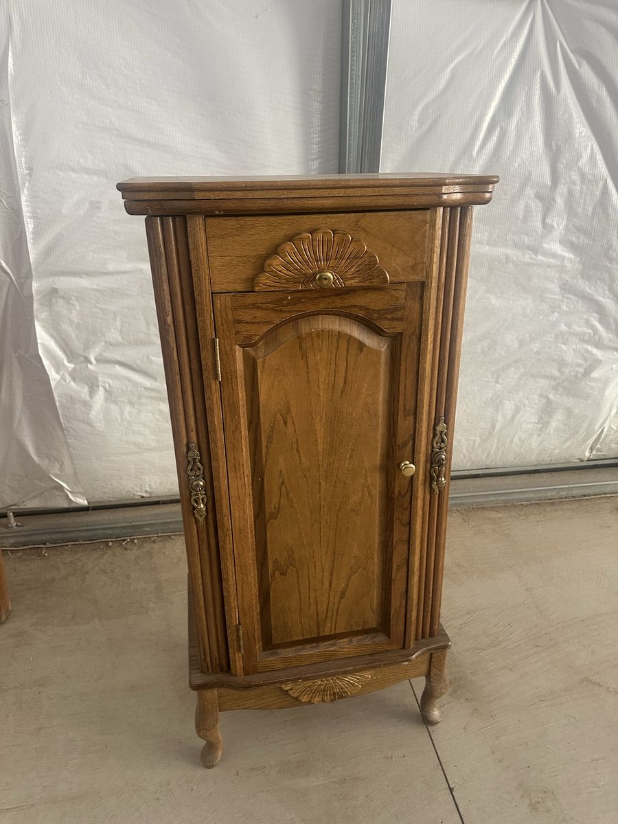 Vintage Oak Wood Standing Jewelry Armoire with Mirror and Multiple Drawers