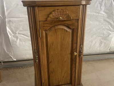 Vintage Oak Wood Standing Jewelry Armoire with Mirror and Multiple Drawers