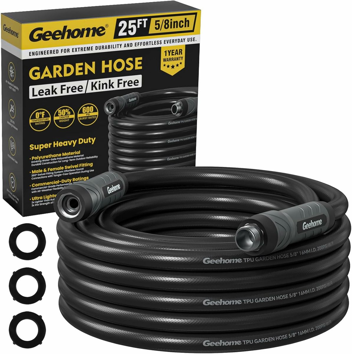 Geehome 25ft 5/8" Kink-Free Garden Hose. Polyurethane, Swivel Fittings.