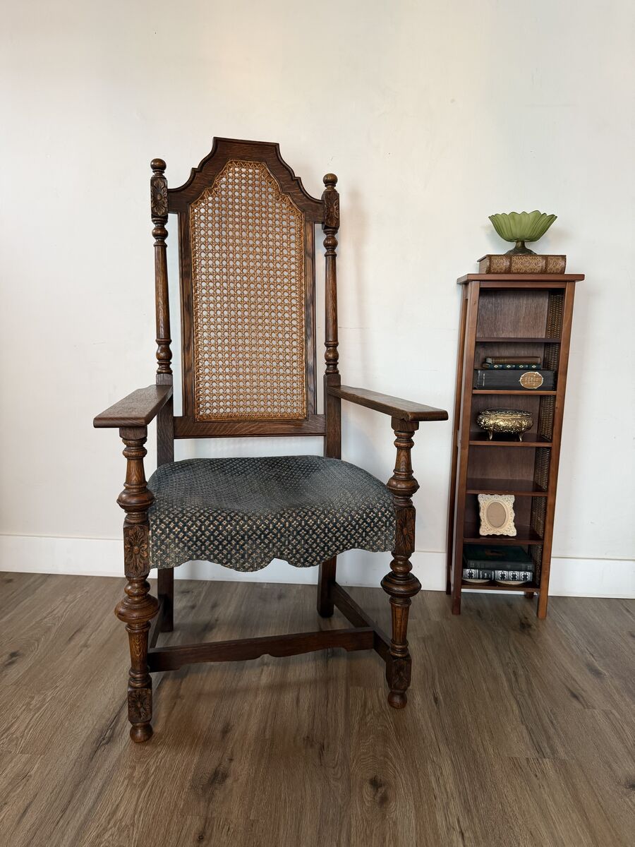 Antique Jacobean Revival Armchair – Carved Oak & Cane Back