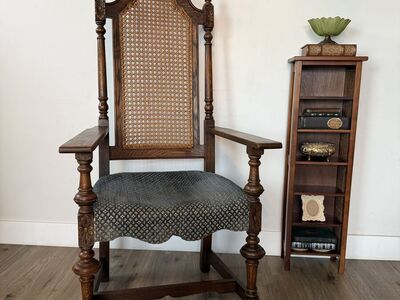 Antique Jacobean Revival Armchair – Carved Oak & Cane Back